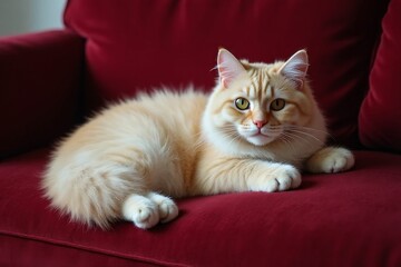 Adorable fluffy orange cat relaxing on a plush red sofa with bright eyes and sleek fur, showcasing its charming personality