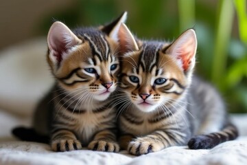 Adorable close-up of two playful kittens with striking striped fur relaxing together on a soft surface in a cozy environment