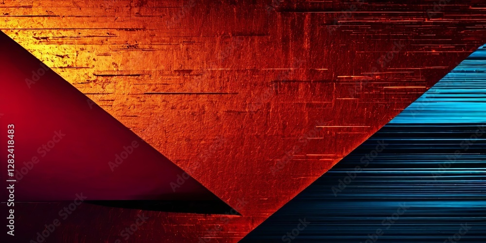 Poster a red, blue and yellow background with a red triangle and a blue triangle