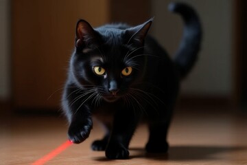 Playful black cat approaching red string toy in a cozy indoor setting, showcasing curiosity and playful demeanor