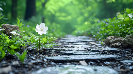 Fototapeta premium White wildflower grows beside a wet stone path leading into a lush green forest during daytime.