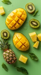 Vibrant tropical fruit arrangement with fresh mint on a green backdrop