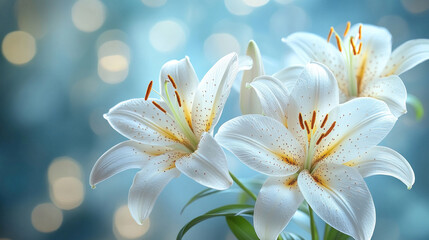 Fototapeta premium Flower background of delicate white lilies arranged in a harmonious, soft composition