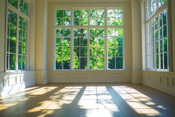 Beautiful sunlight streaming through large windows in a serene indoor space filled with nature