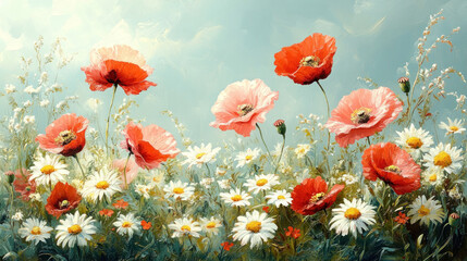 Obraz premium Flower background of sunlit poppies and daisies in a vivid green meadow