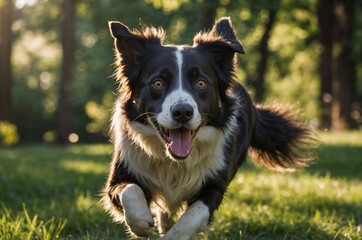 With bright eyes and full of excitement, this Border Collie dashes happily across the lush green grass.