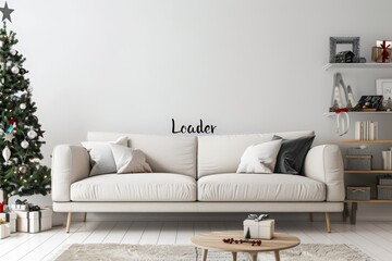 A white couch with white throw pillows and a black word Leader on the wall. decorated with a Christmas tree and holiday decor