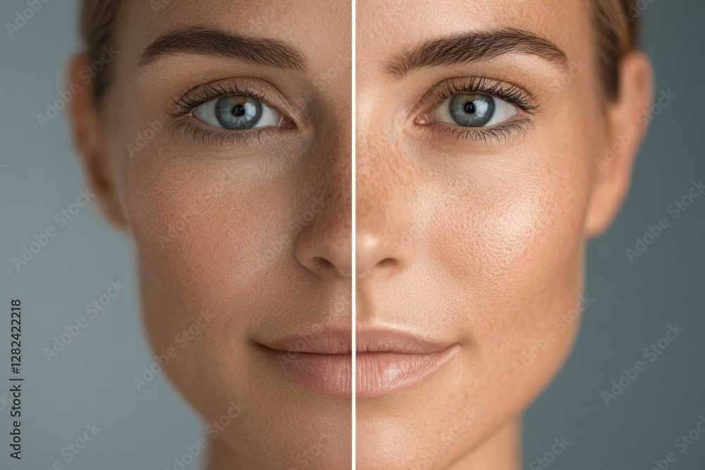 Poster comparison of aging and skin smoothing effects on a womans face with visible wrinkles on the left an