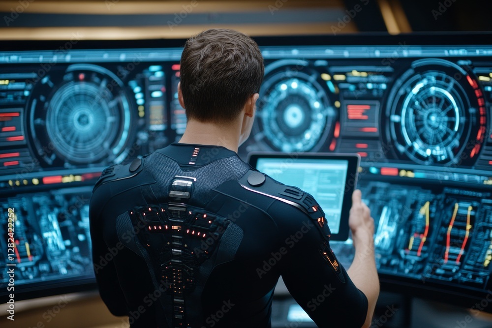 Leinwandbilder in technology research facility: chief engineer stands in the middle of lab and uses tablet computer