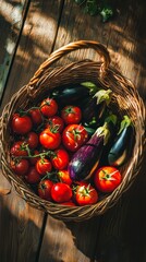 Freshly harvested vegetables in a wicker basket under warm sunlight