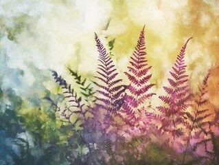 Colorful ferns dancing in gentle light amidst a vibrant, soft background