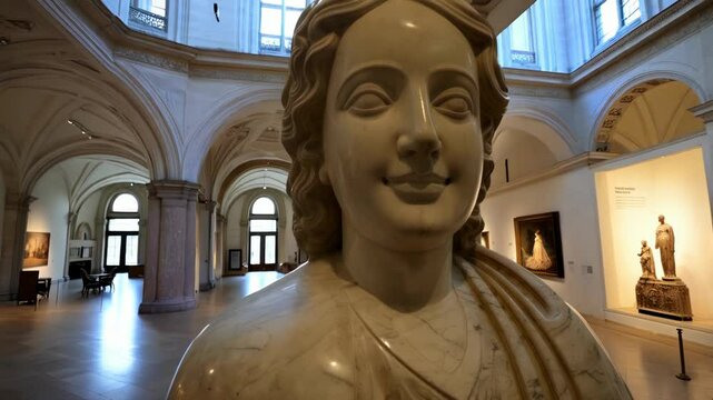 Close-up of a classical marble sculpture in an art gallery with paintings and other statues visible in the background.