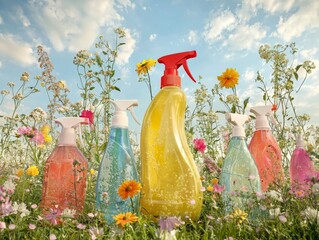 Colorful cleaning sprays surrounded by a vibrant flower field in bright daylight