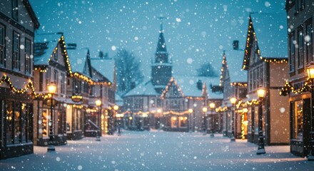 Obraz premium Winter street scene with festive lights and gentle snowfall.