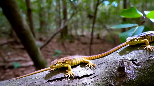 Two yellow lizards with dark stripes on a log in a forest.