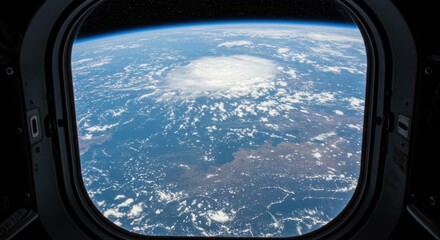 View of Earth from space with swirling clouds and blue atmosphere.