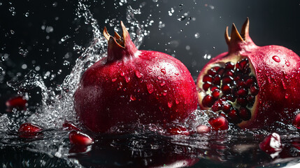 Pomegranate, fresh and juicy pomegranates falling into the water, splashing with sparkling drops, generative AI