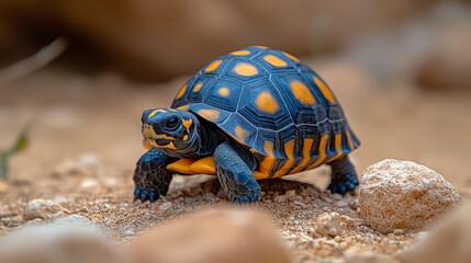 Baby tortoise on desert ground, exploring, nature, wildlife, educational, close up
