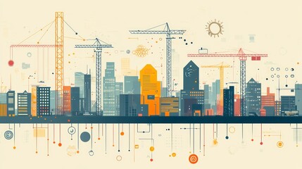 Obraz premium Stylized cityscape with cranes buildings and abstract data connections