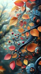 Abstract Autumn Leaves and Berries on Dark Metal Branch