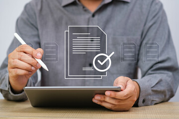 Close-up of a person using a tablet and stylus, with digital documents and checkmark overlay, representing digital approval and modern business solutions.