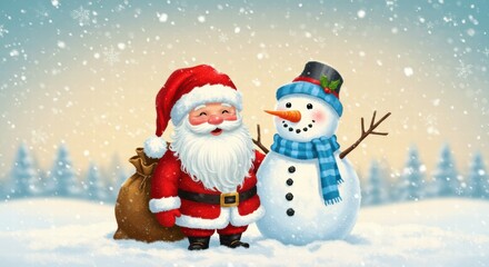 Santa and snowman enjoying a festive winter scene.