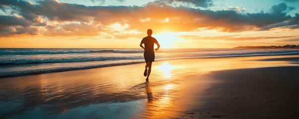 Man running on the beach at sunset: inspiring freedom and fitness