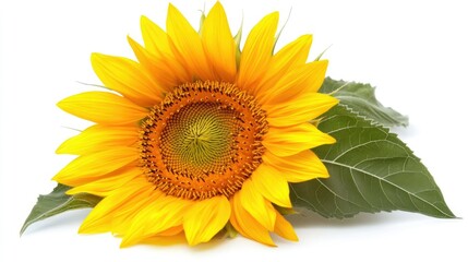 Fototapeta premium A high-resolution image of a sunflower with a perfect circular center and radiant petals, isolated on white.