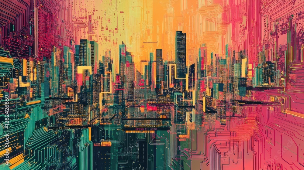 Poster a high-tech city emerging from a colorful circuit board, illustrating data flow and connectivity.