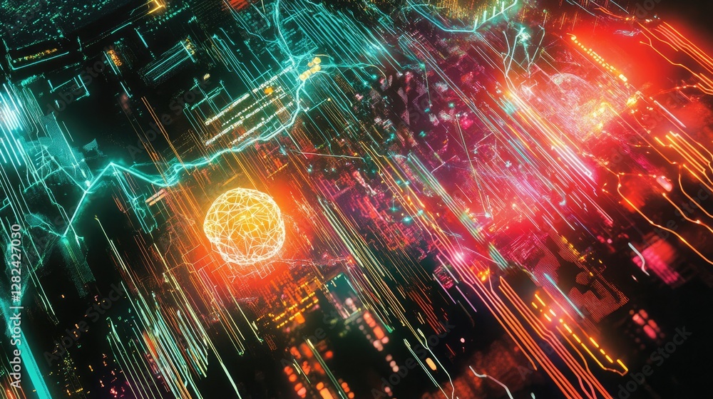 Poster a high-tech cityscape with glowing digital connections, showcasing brain-computer interfaces and gre