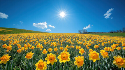 Fototapeta premium Spring background of a hillside covered in blooming daffodils under a bright, clear sky