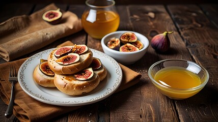 A plate of traditional Arabic bread, with fresh honey and figs on the side, served on a rustic wooden table