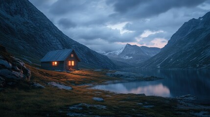 A lone wooden retreat in a remote mountain valley, lights shining warmly against the cool evening.