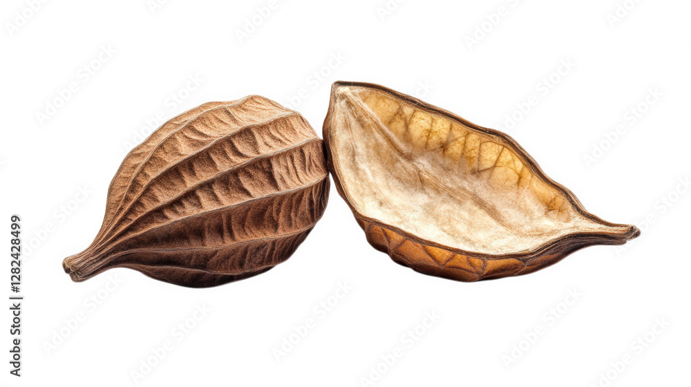 Poster two dried seed pods. one partially open. revealing its inner structure their textured surfaces and n