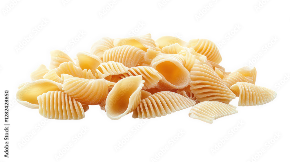 Poster pile of uncooked pasta shells. showcasing their ridged texture and curved shapes the pasta is light 