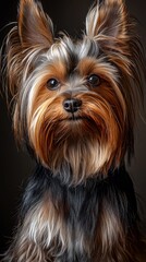 Delightful yorkshire terrier poses gracefully against a dark background
