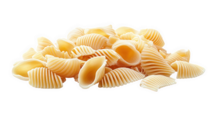 pile of uncooked pasta shells. showcasing their ridged texture and curved shapes the pasta is light beige in color and is arranged in a way that highlights its unique form. making it suitable for vari