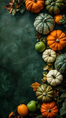 Vibrant autumn harvest showcasing a variety of pumpkins and colorful leaves on a rustic backdrop