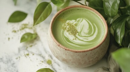 A matcha latte in a ceramic cup with a beautiful swirl design, served with matcha powder and leaves.