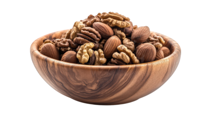 a wooden bowl filled with a variety of nuts. including walnuts. pecans. and almonds. showcasing a natural and healthy snack option the texture and colors of the nuts against a clean white background.
