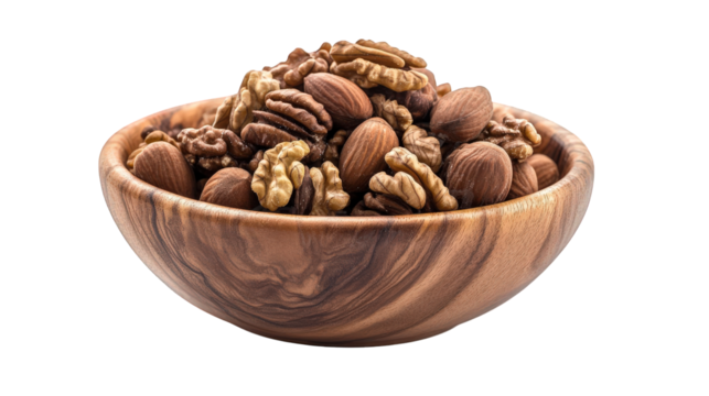 a wooden bowl filled with a variety of nuts. including walnuts. pecans. and almonds. showcasing a natural and healthy snack option the texture and colors of the nuts against a clean white background.