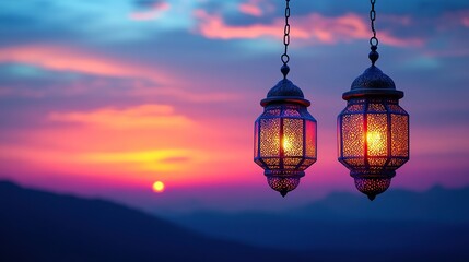 Hanging lanterns glow at sunset over mountains