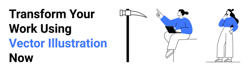 Person pointing and working on a laptop, individual standing in thought, and work tool. Ideal for teamwork, planning, education, business, innovation, brainstorming creative problem-solving flat