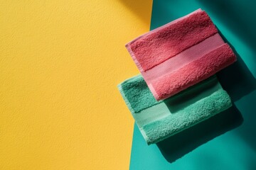 Cozy towels resting on a vibrant colored background in a playful arrangement