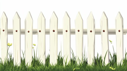 Fototapeta premium Classic White Wooden Fence with Green Grass and Flowers in a Bright and Clean Environment