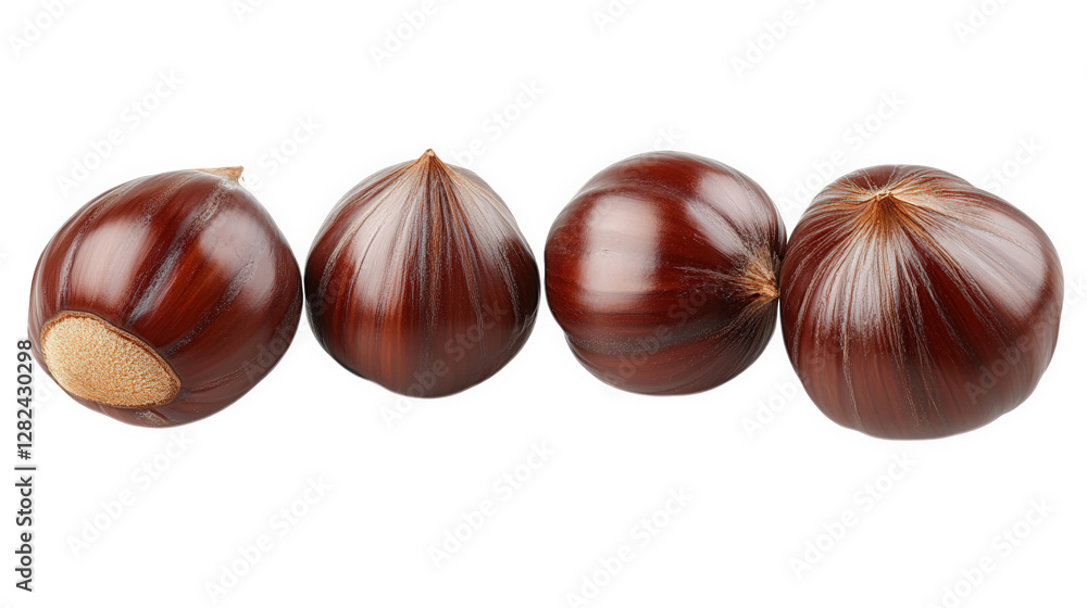 Poster four shiny. brown chestnuts arranged in a row. showcasing their smooth. glossy surfaces and pointed 