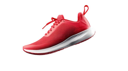 vibrant red athletic shoe. showcasing a sleek design with breathable mesh material and a cushioned sole. suspended in mid-air against a clean. white background the shoe is likely intended for running