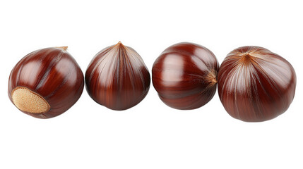 four shiny. brown chestnuts arranged in a row. showcasing their smooth. glossy surfaces and pointed tops the chestnuts are displayed against a clean. white background. emphasizing their rich color and