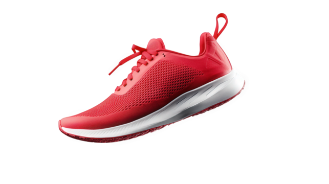 vibrant red athletic shoe. showcasing a sleek design with breathable mesh material and a cushioned sole. suspended in mid-air against a clean. white background the shoe is likely intended for running