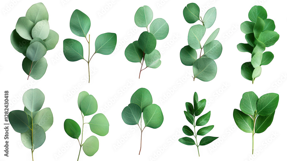 Poster a collection of various green leaves arranged in a visually appealing manner. highlighting their dif